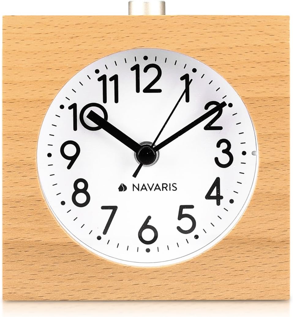 Navaris Analog Holz Wecker mit Snooze - Retro Uhr im Viereck Design mit Ziffernblatt Alarm - Leise T