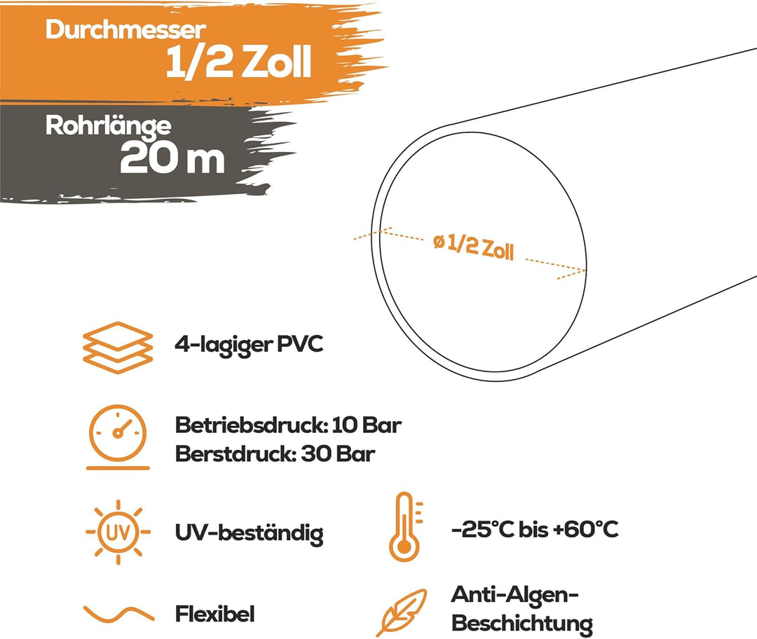 Gartenschlauch 1/2" NYX Premium 10 Jahre Garantie 4 lagig Wasserschlauch Bewässerungsschlauch schwar