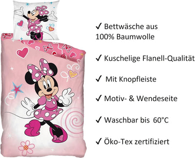 Minnie Mouse Winter-Bettwäsche Set 135x200 + 80x80 cm aus 100% Baumwolle · Rosa Biber-Bettwäsche mit