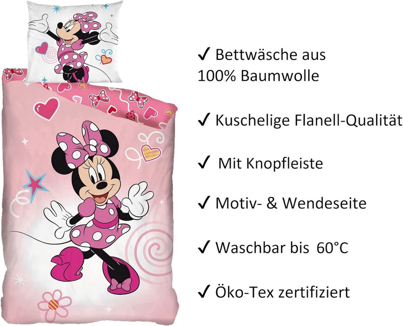 Minnie Mouse Winter-Bettwäsche Set 135x200 + 80x80 cm aus 100% Baumwolle · Rosa Biber-Bettwäsche mit