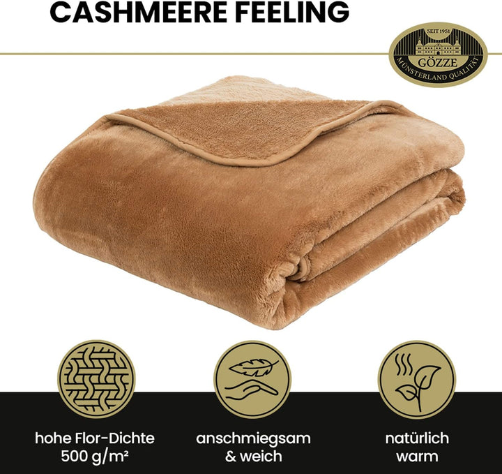 Gözze - Premium Cashmere-Feeling Wohn- und Kuscheldecke, 500 g/m², 130 x 170 cm - Sand, Offwhite San