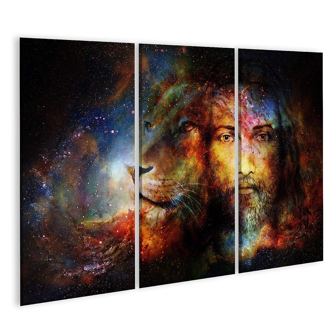 islandburner Bild auf Leinwand Gemälde Von Jesus Mit Einem Löwen Im Kosmischen Raum Blickkontakt Und