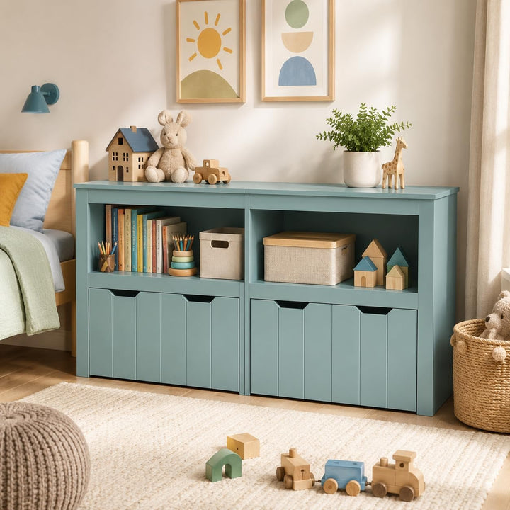 Spielzeugregal mit 4 herausnehmbaren Rollboxen, Kinderregal mit 2 offenen Fächern und Kippschutz, mu