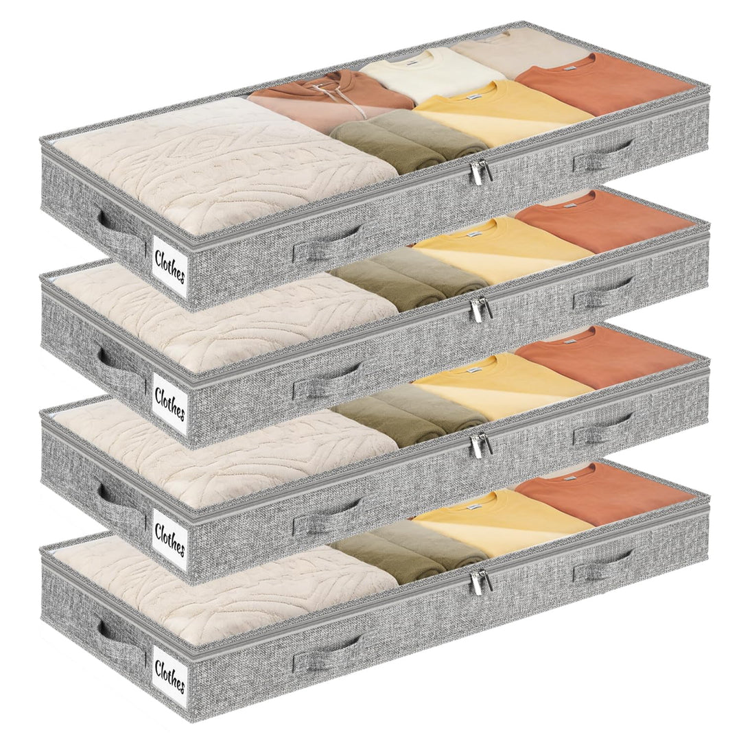 4 Stück Unterbett Aufbewahrungsbox,10cm hoch Unterbettkommode mit klarem Deckel, Faltbare Kleiderauf