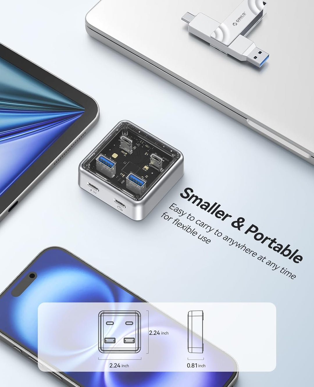 ORICO USB Hub 3.2, 4 Port USB 3.2 Gen2 Verteiler mit 2 Typ A/C Anschlüsse, 10Gbps Zinklegierung Mult