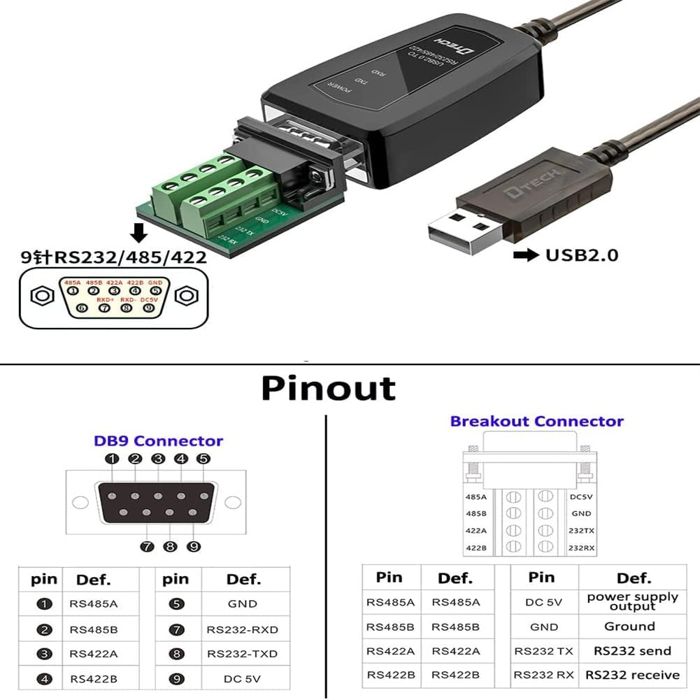 DTech USB-auf-Seriell-Adapter RS485 RS422 R232 mit Breakout Board LED-Leuchten Unterstützt DC5V für