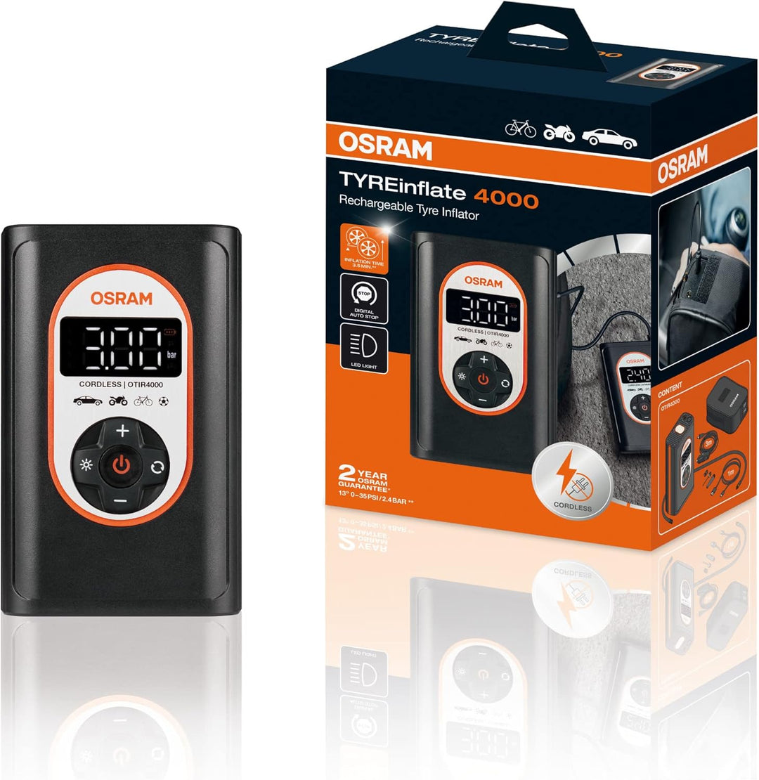 OSRAM TYREinflate 4000, wiederaufladbarer und kabelloser Reifenfüller, programmierbarer digitaler Lu