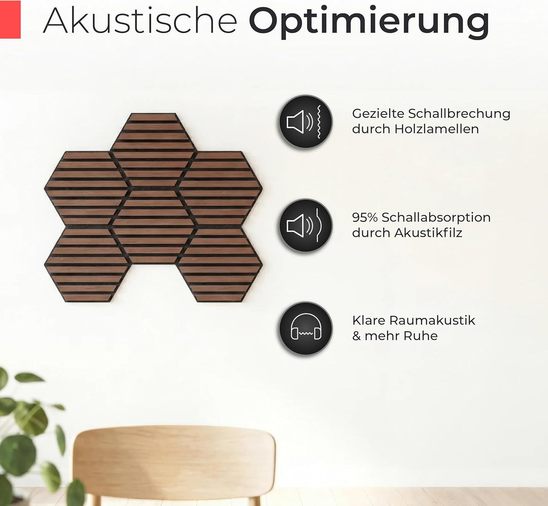 Akustikpaneele Holz selbstklebend – 9er-Set | Echtholz Walnuss & Akustikfilz Schwarz | Hexagon 30x26