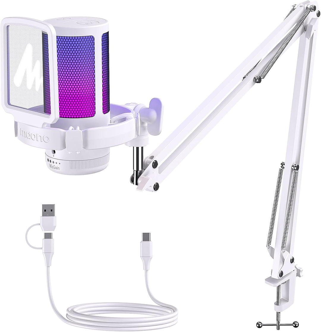 MAONO Gaming Mikrofon, USB Microphone mit RGB-Licht, Geräuschunterdrückung, Stummschaltung, Gain, Ga