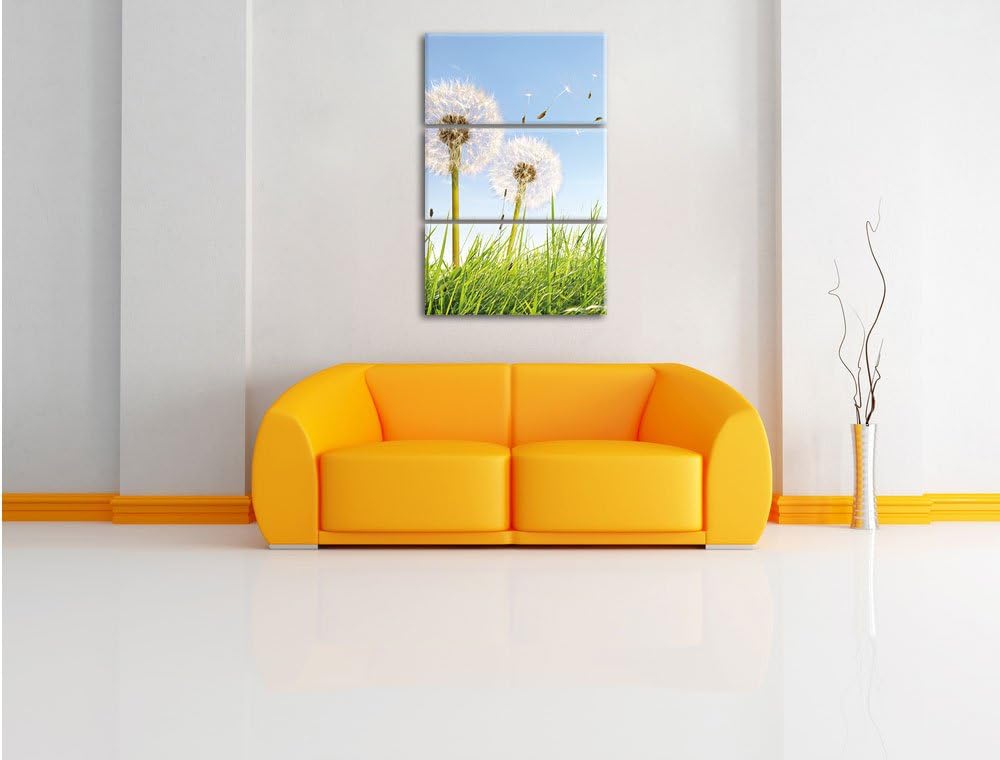 Pixxprint Pusteblumen auf sonniger Frühlingswiese 3-Teiler Leinwandbild 120x80 Bild auf Leinwand
