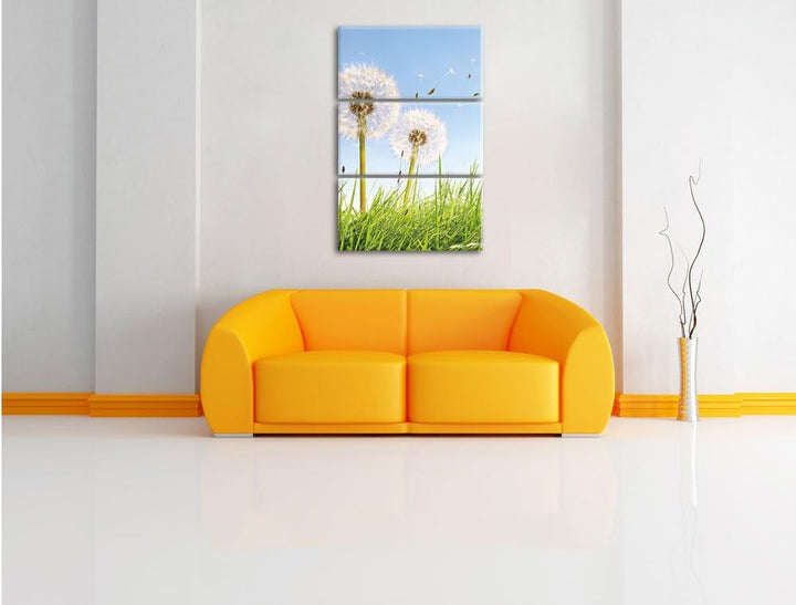 Pixxprint Pusteblumen auf sonniger Frühlingswiese 3-Teiler Leinwandbild 120x80 Bild auf Leinwand