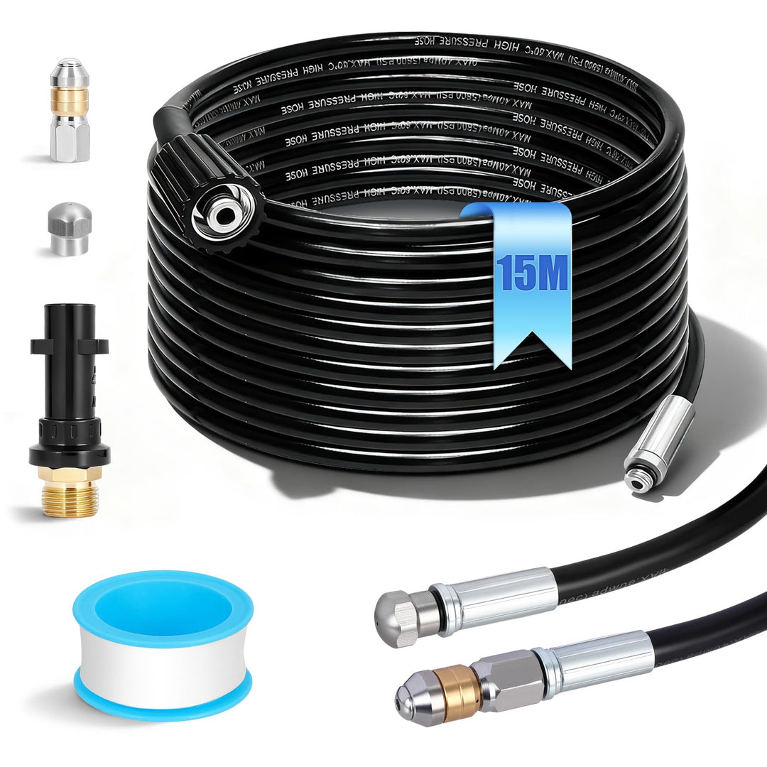 15m Rohrreinigungsschlauch Set, Druckluftschlauch mit Adapter, 2 Düsen (Strahl und Rotationsdüse) un