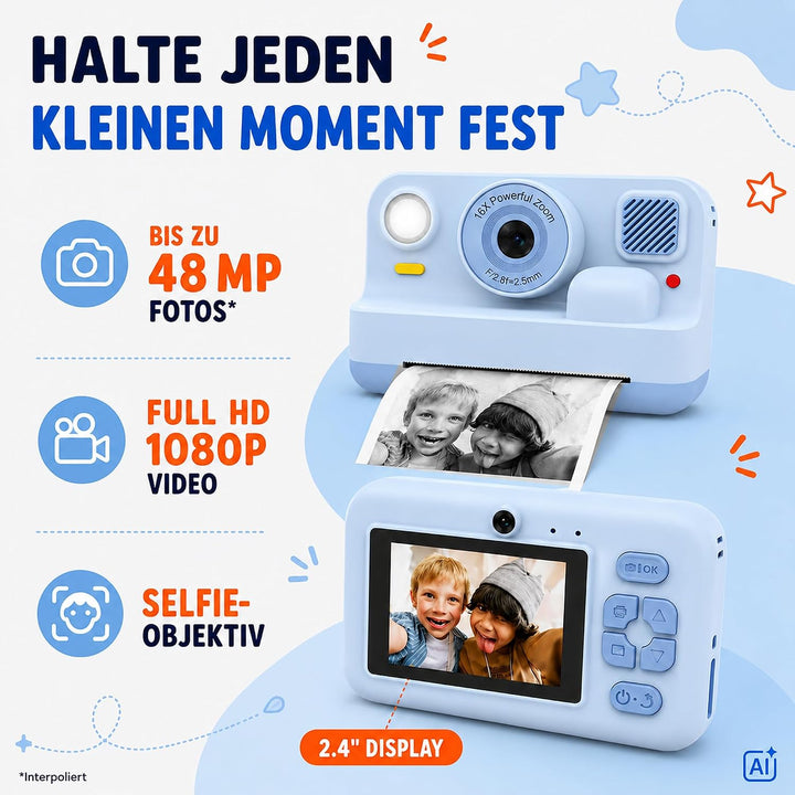 Denver Kinderkamera 48 MP mit Sofortdruck, Bluetooth, Full HD, Blau, Blau