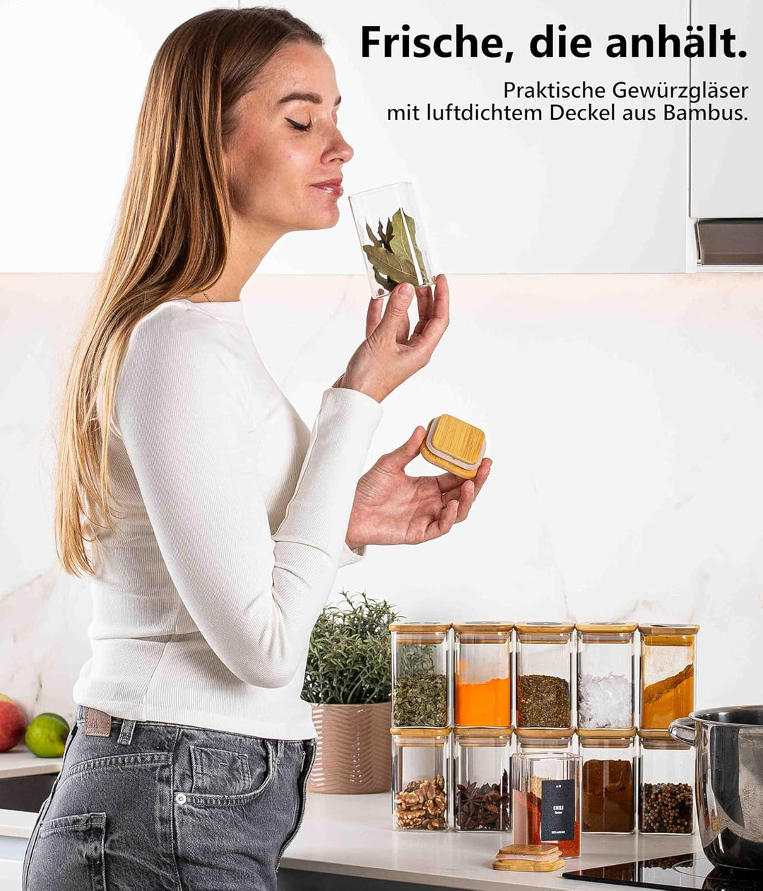 Deco haus® Gewürzgläser Eckig mit Holzdeckel 12er Set [+Gewürzetiketten] - Gewürzbehälter Glas 280ml