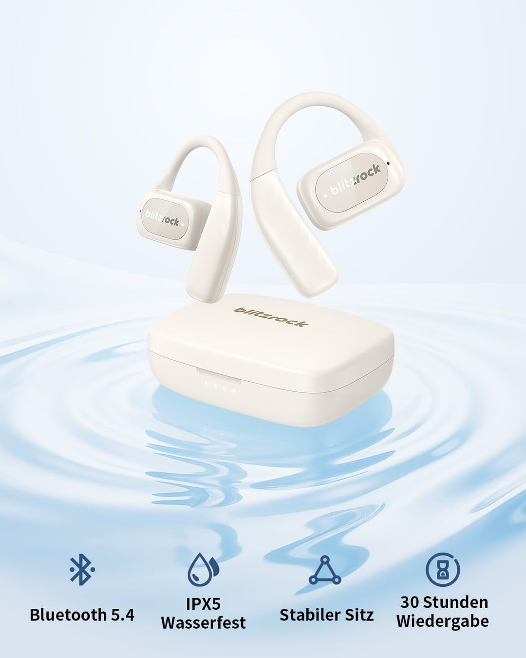 BlitzRock Open Ear Kopfhörer Kabellos Bluetooth 5.4 mit Ausgewogenem Sound, Weichem Ohrbügel, Krista