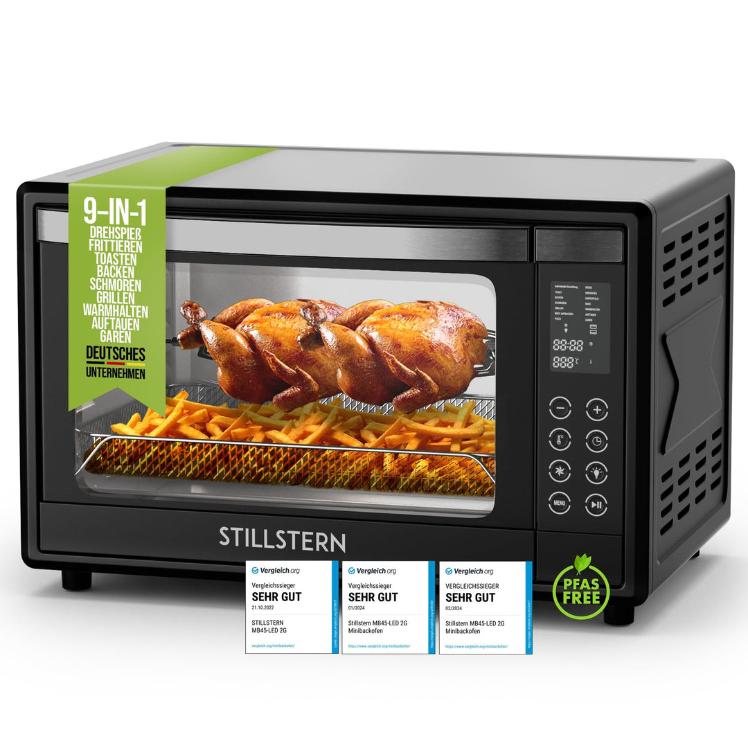 Stillstern Minibackofen mit Umluft (45L) Deutsche Version, 13 Programme, Zubehör 2x Backblech, Drehs