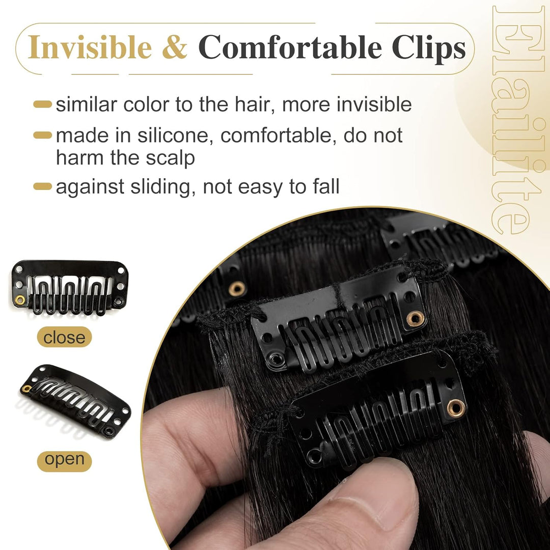 Elailite Extensions Echthaar Clip in 8 Tressen Glatt #1 Schwarz, Haarverlängerung Real Human Haar 25