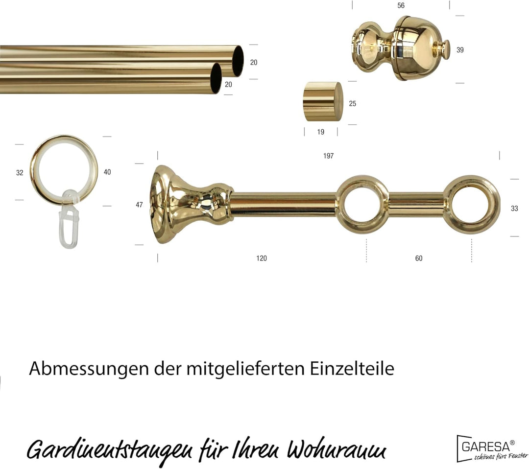 Garesa Gardinenstange Andrea Ø 20mm, 2-läufig, Messing I Stabile Vorhangstange inkl. Ringe + Faltenl