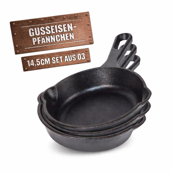 BBQBOSS Gusseisen Pfännchen [3er Set] Gusseisenpfanne – Grill Pfanne – Grillpfännchen – Ø14,5cm – je