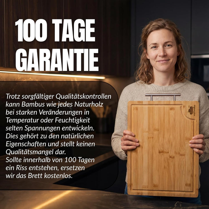 Doppelseitiges Schneidebrett Edelstahl & Bambus | Küchenbrett mit Saftrille & Metallgriff | Holzbret