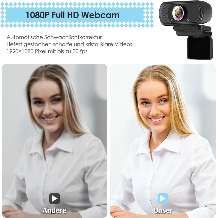 ToLuLu Webcam HD 1080p Webkamera, USB PC Computer Webcam mit Mikrofon, Laptop Desktop Full HD Kamera