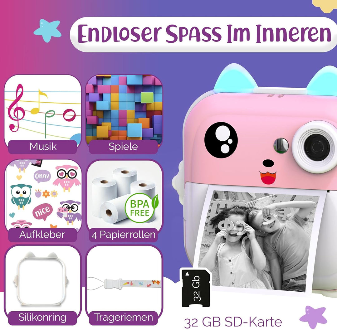 Sofortbildkamera Kinder – 1080P HD, 48 MP, 32-Gb-Karte, Bluetooth, Kostenlose App, 4 Rollen Druckpap
