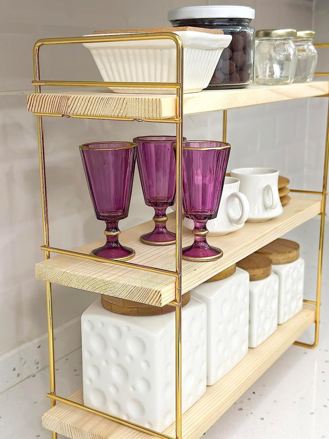 Ndeko Arbeitsplatte Regal aus Holz und Metall Gold mit 3 Ablagen, Badregal, Holzregal, Regalbrett Or