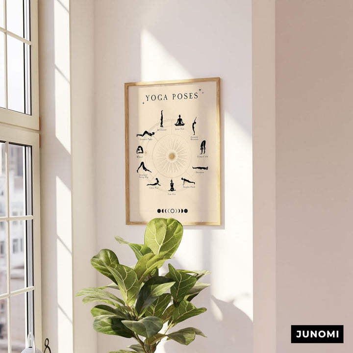 JUNOMI® Yoga Poster DIN A2 | Yoga Zubehör für Studio &amp; Zuhause, Boho Wanddeko, Meditation | mit Rahm
