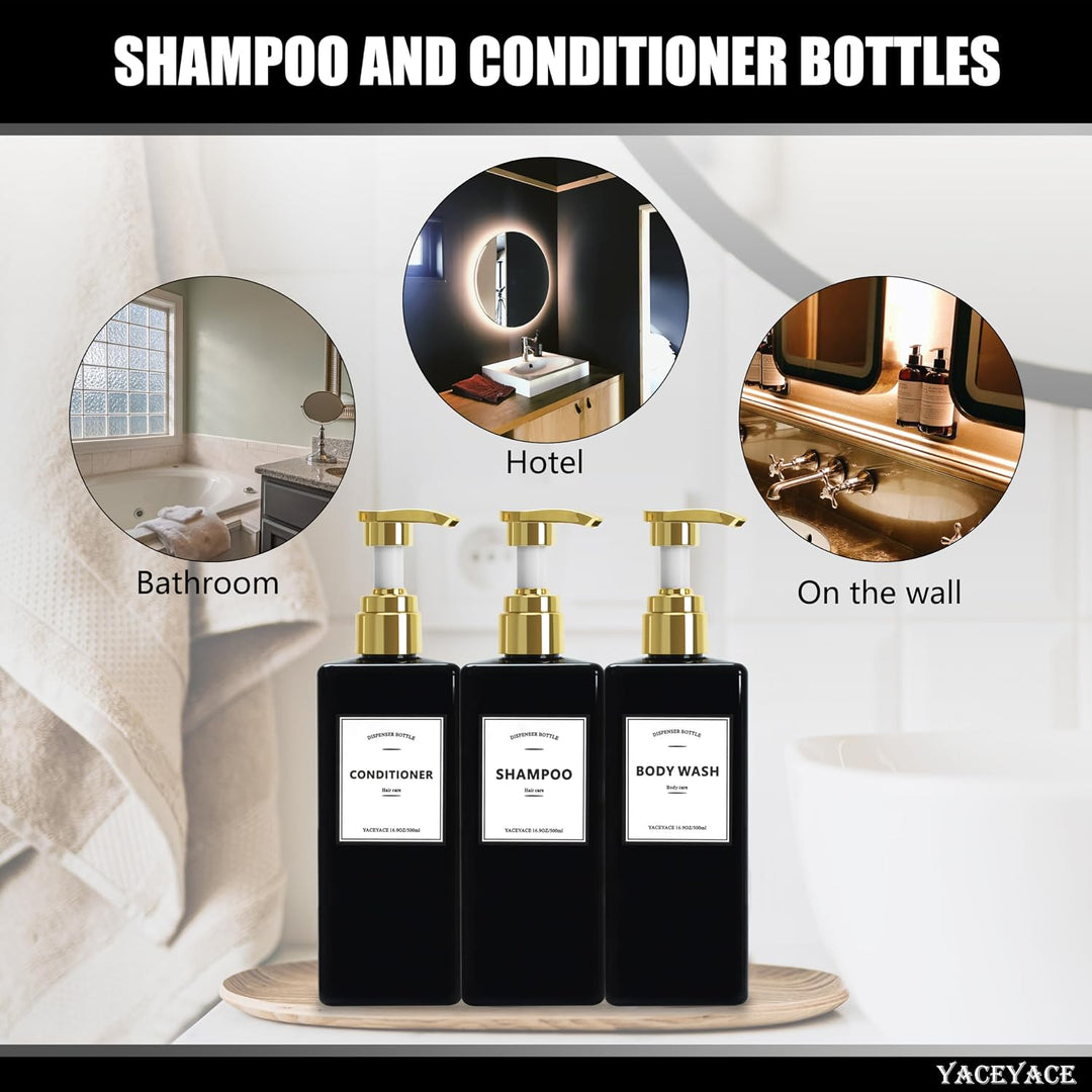 Schwarze Shampoo-Flaschen mit goldener Pumpe, YACEYACE 479 ml, 3 Stück, Shampoo- und Conditioner-Spe