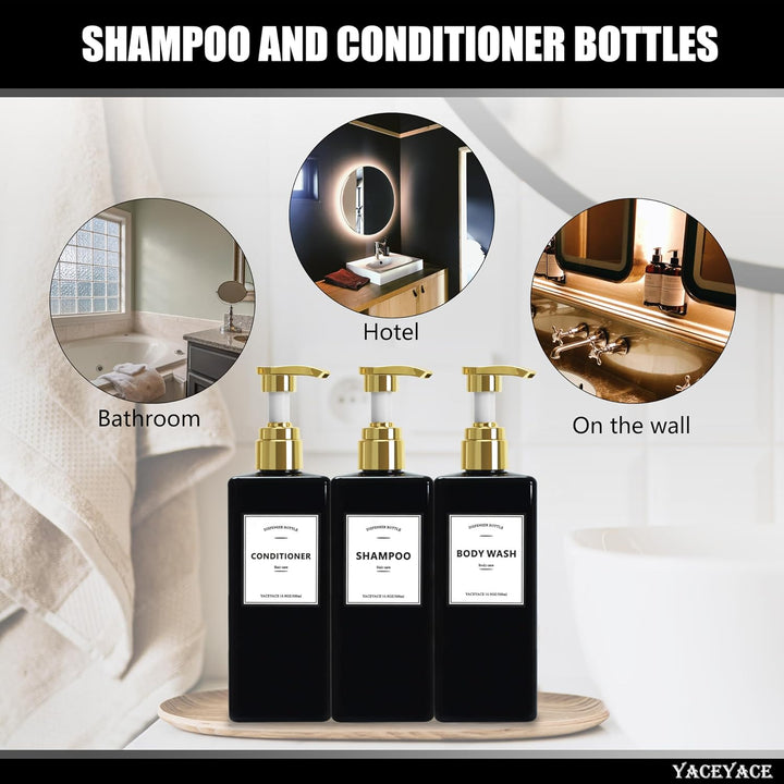 Schwarze Shampoo-Flaschen mit goldener Pumpe, YACEYACE 479 ml, 3 Stück, Shampoo- und Conditioner-Spe