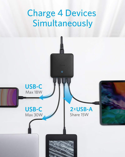 Anker USB-C Ladegerät, 543 (65W II) PIQ 3.0 & GaN 4-Port Netzteil, Dünnes Design, Zwei USB-C Anschlü