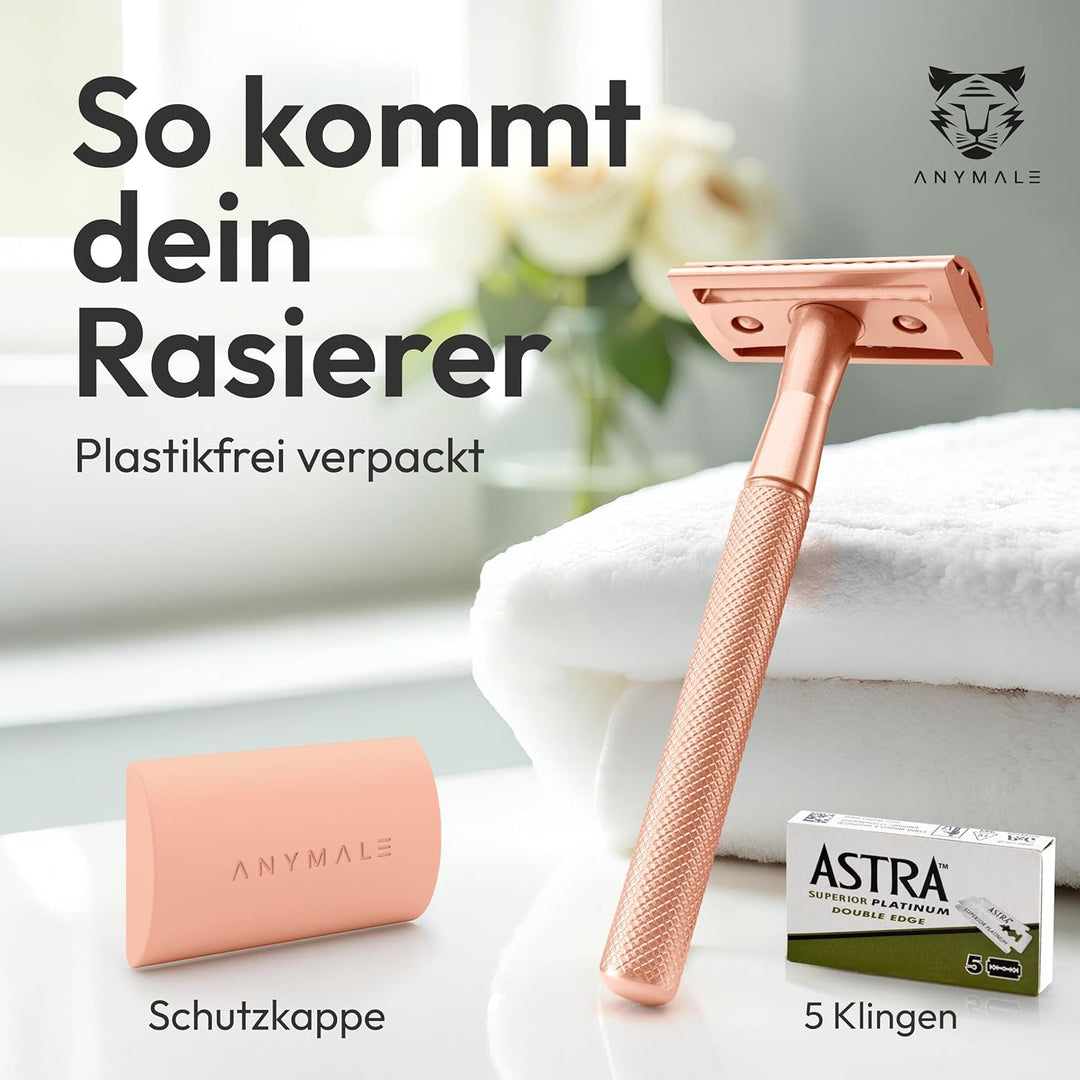 ANYMALE® Rasierhobel Rosegold Edition - inklusive 5 ASTRA Klingen - Plastikfreier Damen Rasierer aus