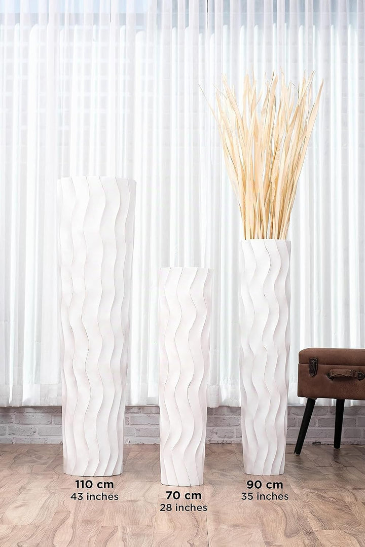 Leewadee Grosse Bodenvase für Dekozweige hohe Standvase Design Holzvase, Holz, 70 cm, White Wash 70