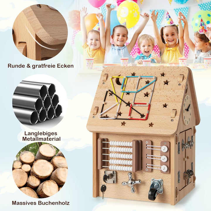 COSTWAY Kinder Spielhaus aus Holz, sensorisches Spielzeughaus mit Sinnesspielen & Stauraum im Innere