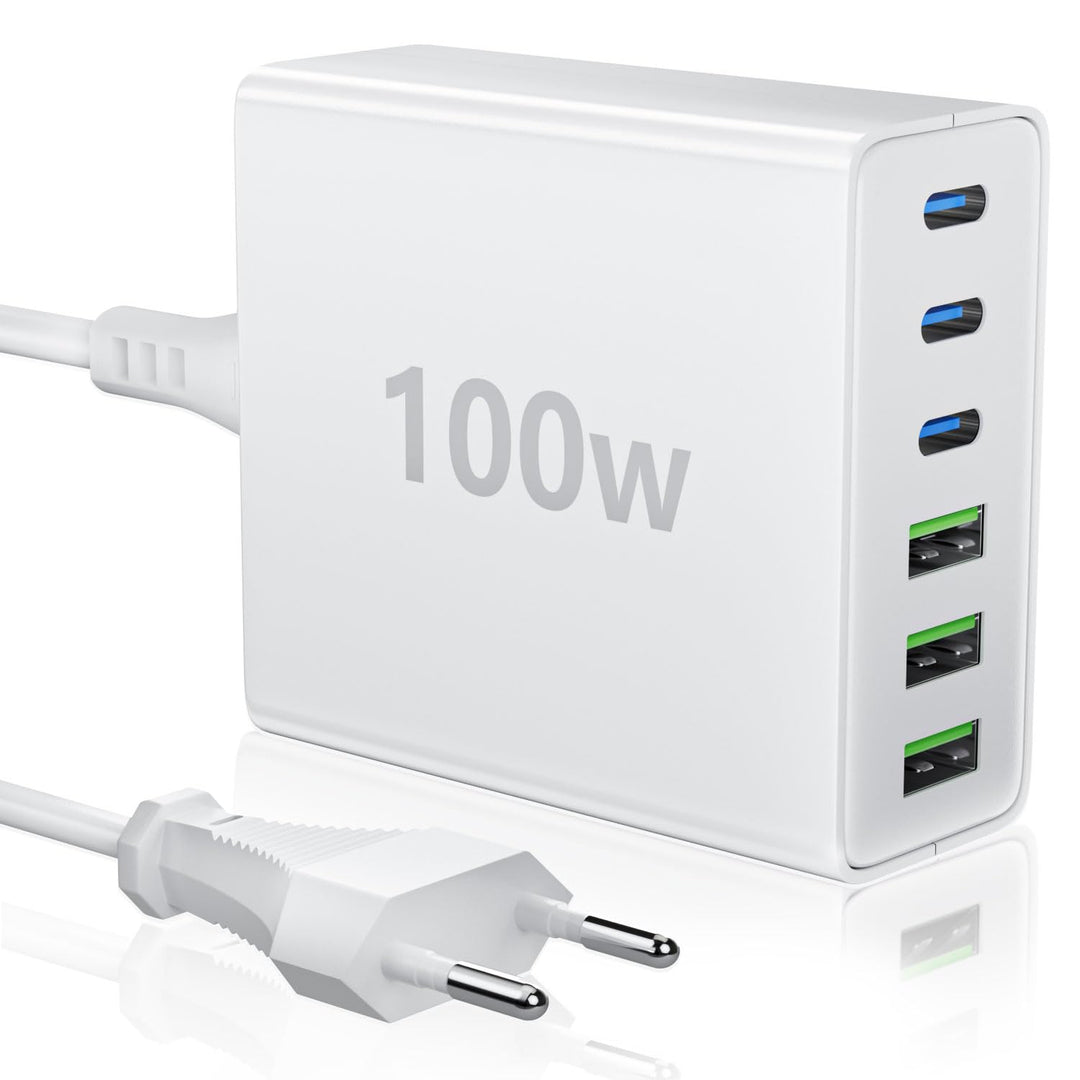 USB C Ladegerät Mehrfach: 100W 6-Port Schnellladegerät mit USB-C und USB-A, Tragbarer Charger für iP