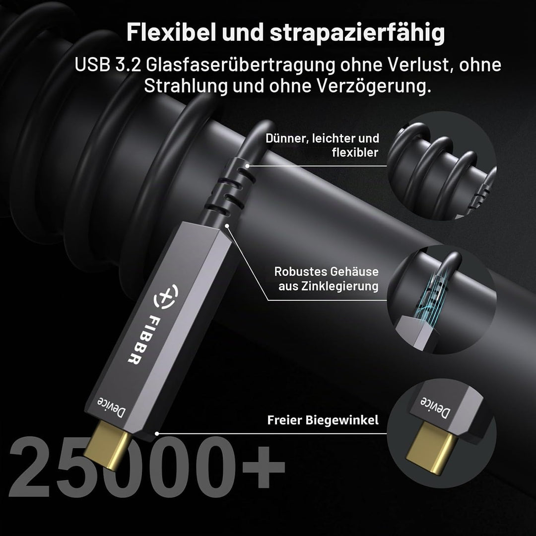 FIBBR USB-Glasfaserkabel 5M, USB A zu USB C Glasfaserkabel, 10Gbps Ferndatenübertragung USB 3.2 AOC
