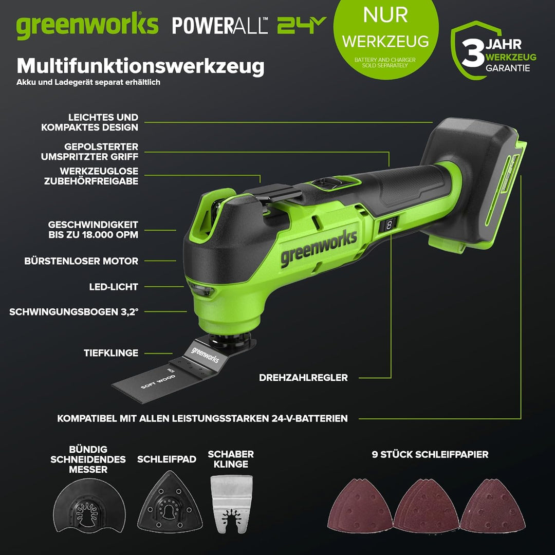 Greenworks 24V Akku-Multifunktionswerkzeug, 8 variable Geschwindigkeiten, bis zu 18.000 OPM, LED-Lic