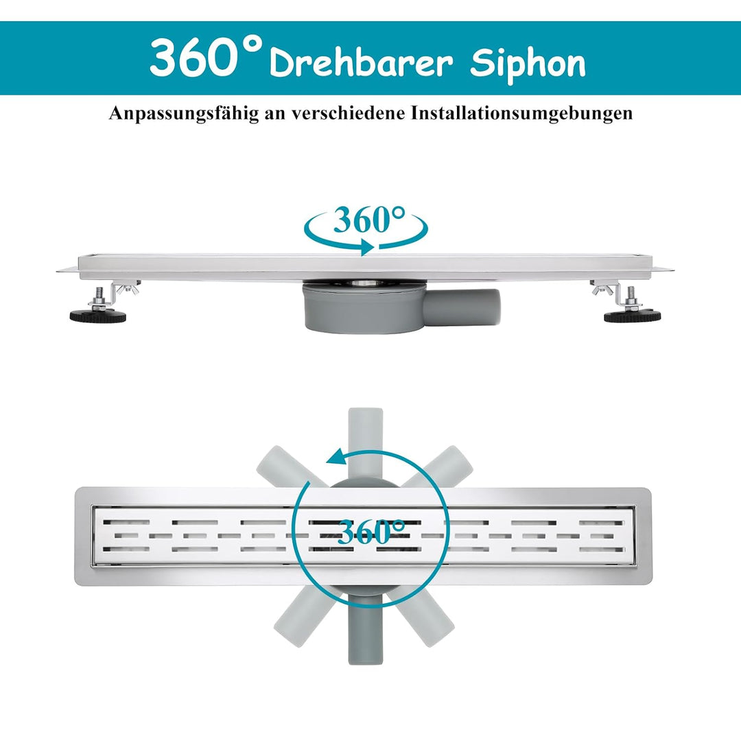 Duschrinne 600 x 70 mm Edelstahl 304, Siphon mit Geruchsstop und Haarsieb, 304 Edelstahl Ablaufrinne