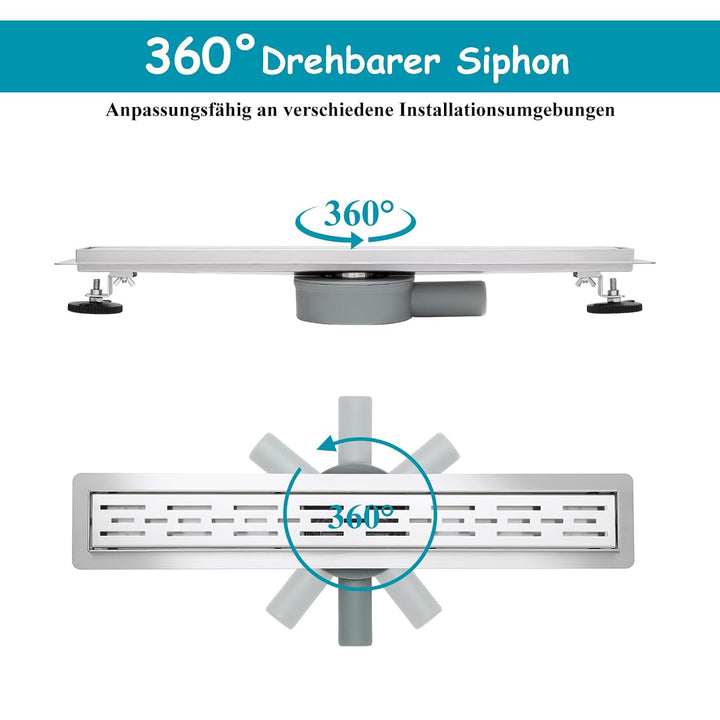 Duschrinne 600 x 70 mm Edelstahl 304, Siphon mit Geruchsstop und Haarsieb, 304 Edelstahl Ablaufrinne