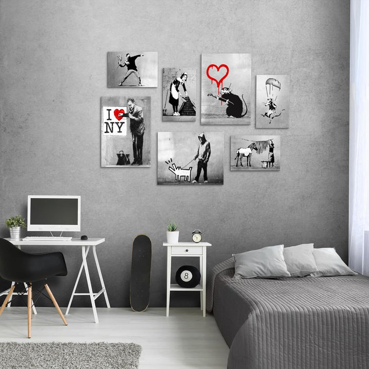 Novart Wandbilder Banksy Collage - KOMPLETT AUFHÄNGFERTIG - Street Art Wohnzimmer Büro- 7 Moderne Mo