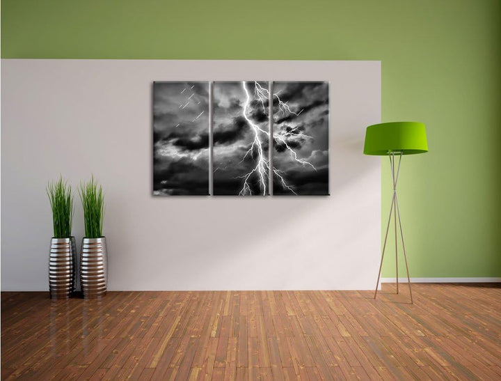 Pixxprint Blitz am Gewitterhimmel als Leinwandbild/Grösse: 3 Teilig (120x80) cm/Wandbild/Kunstdruck/