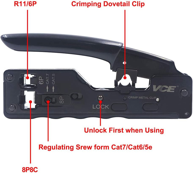 VCE GJ669BK Crimpzange RJ45 Stecker Werkzeug für Netzwerkstecker Netzwerkwerkzeug Cat 7 Cat 6A Netzw