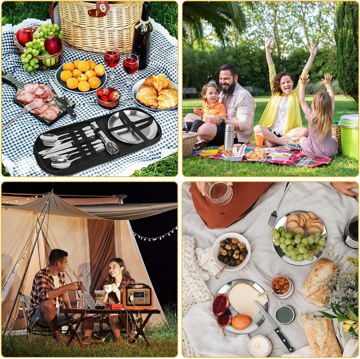 Camping Geschirr Set 2 Personen 13 Stück Tragbars Campingbesteck Set aus Edelstahl für Camping, Pick