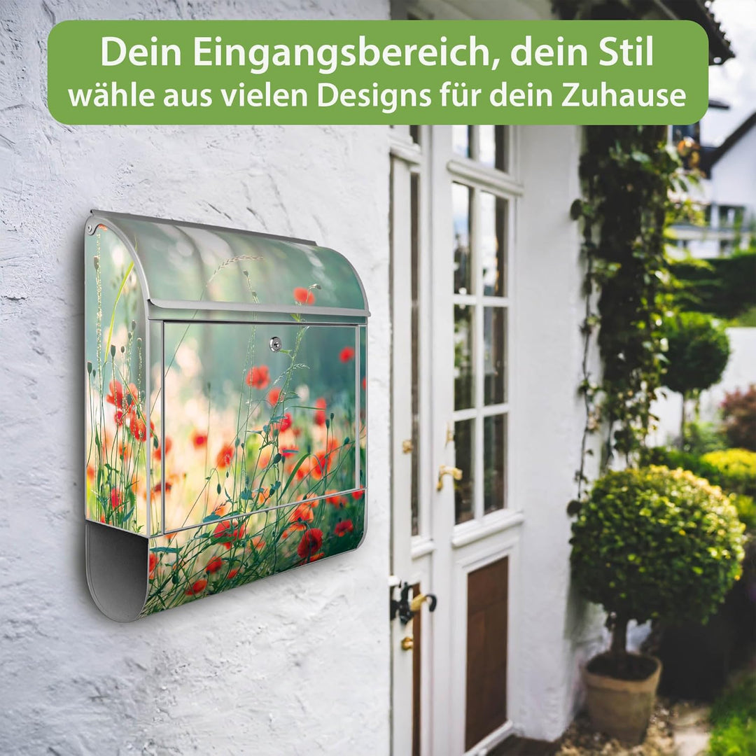banjado® Design Briefkasten mit Motiv Waldmohn 39x47x14cm &amp; 2 Schlüssel - Briefkasten Stahl Silber m