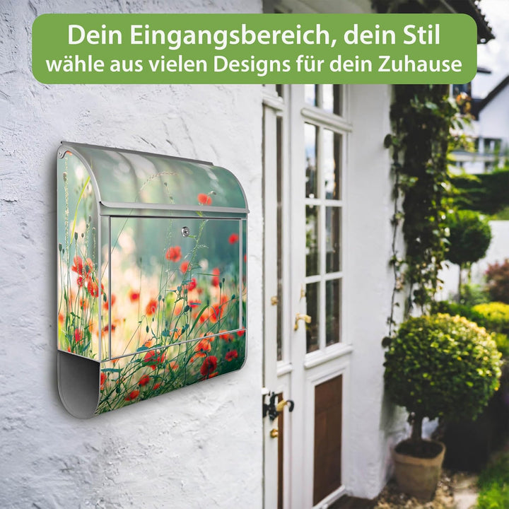 banjado® Design Briefkasten mit Motiv Waldmohn 39x47x14cm &amp; 2 Schlüssel - Briefkasten Stahl Silber m