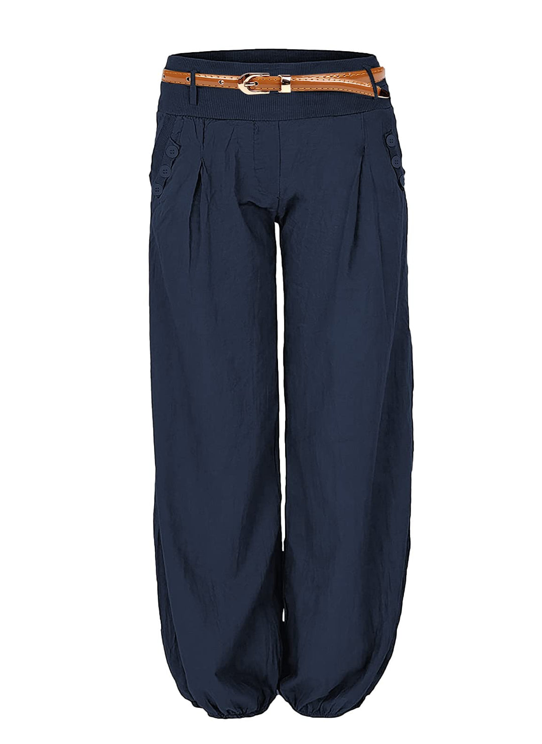 Cindeyar Damen Haremshose Elegant Pumphose Lange Leinen Hose mit Gürtel Aladin Pants M Dunkelblau, M