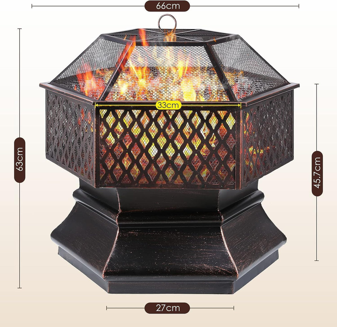 Feuerschale mit Grillrost, Feuerkorb mit Funkenschutz, Feuerschalen für den Garten, Sechseckige Feue