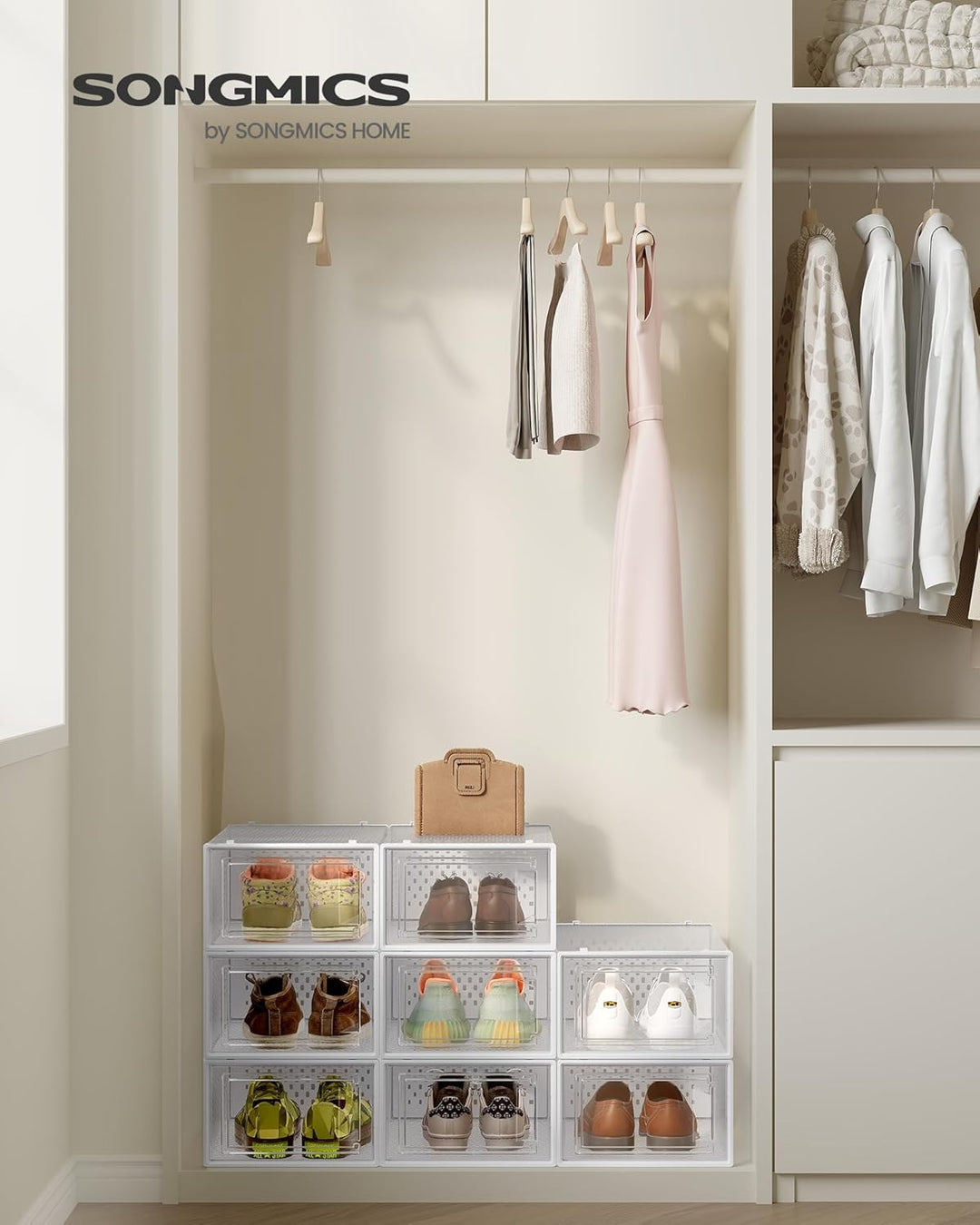 SONGMICS Schuhboxen, 8er Set, Schuh-Organizer aus Kunststoff, faltbar und stapelbar, für Schuhe bis