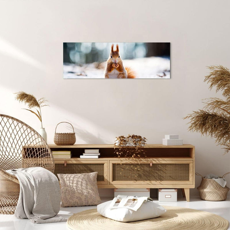 Panorama Bilder auf Leinwand Eichhörnchen Winter Schnee Essen Leinwandbild 90x30cm Wandbilder Dekora