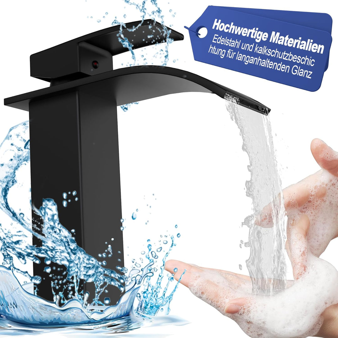 UISEBRT Wasserfall Wasserhahn Bad, Schwarz Waschtischarmatur Einhandmischer Armatur Waschbecken mit